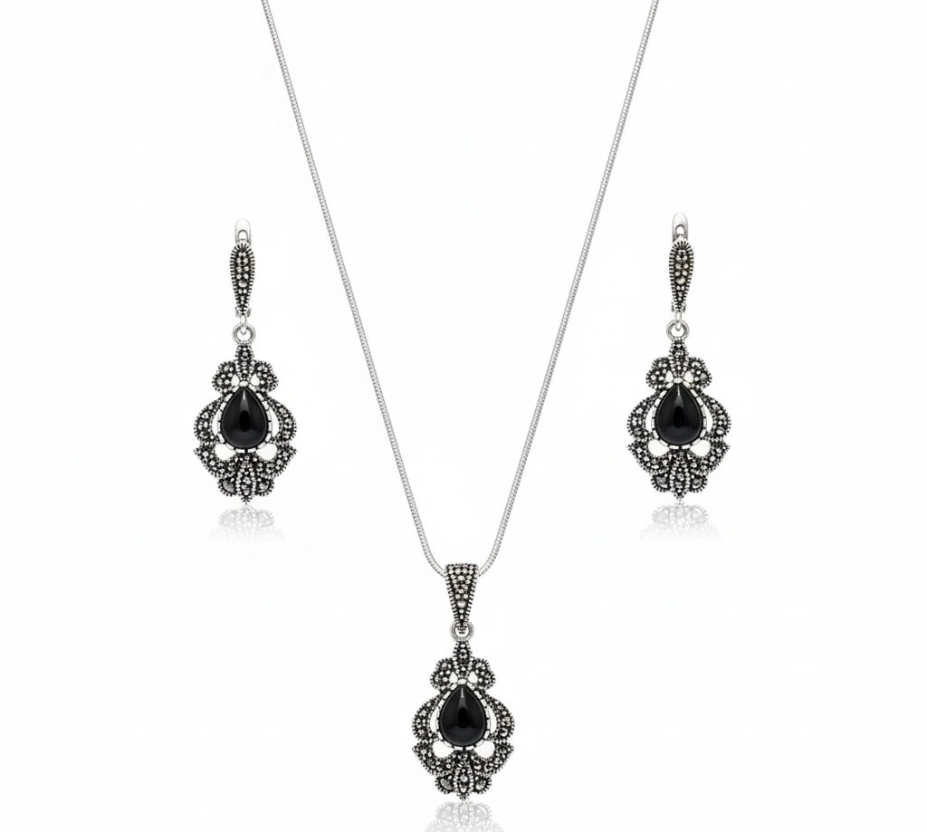 925 Silver Black Vintage Chain Pendant - 925 sterling silver pendant by Tassya Silver