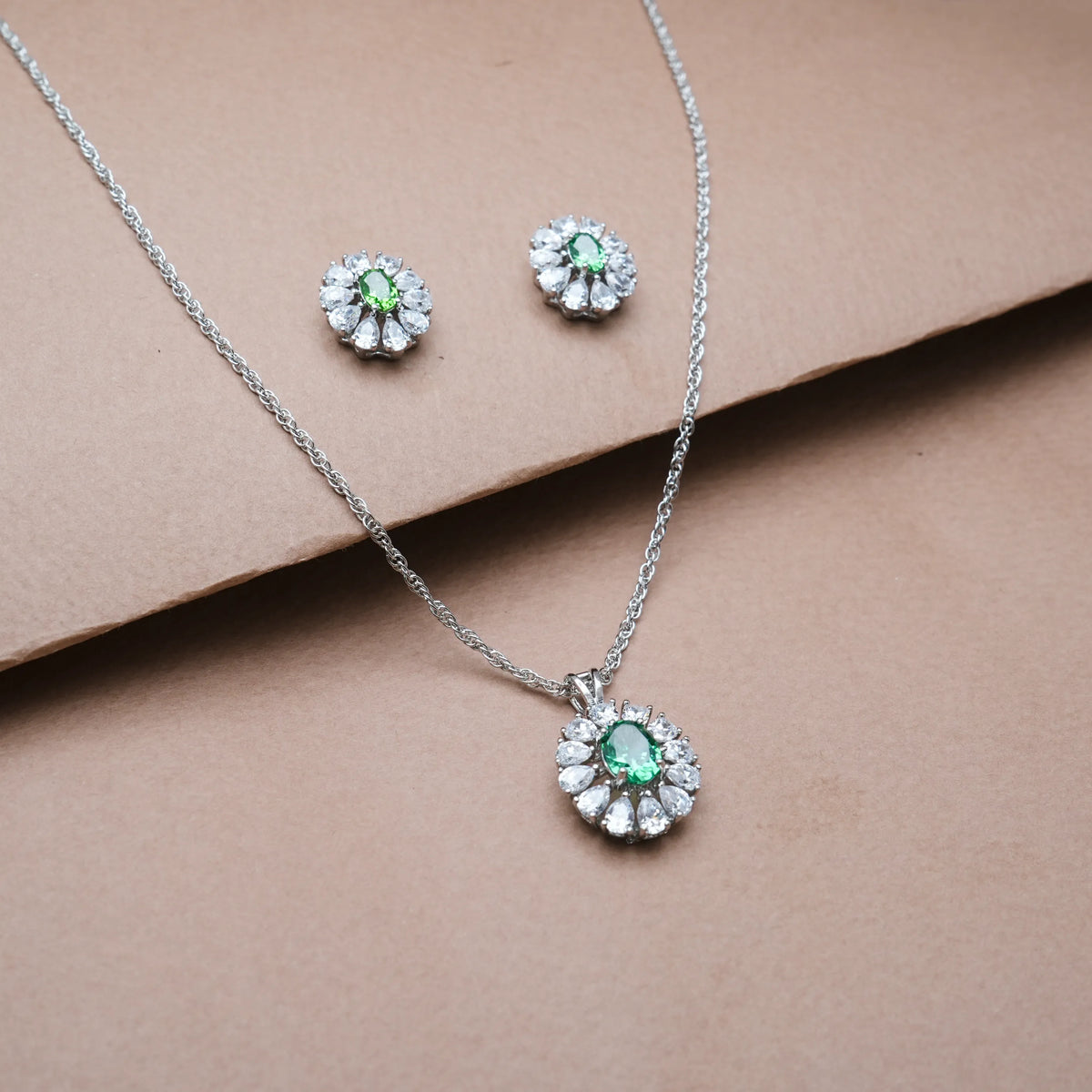 925 Silver Emerald Bloom Halo Set - 925 sterling silver jewellery set by Tassya Silver
