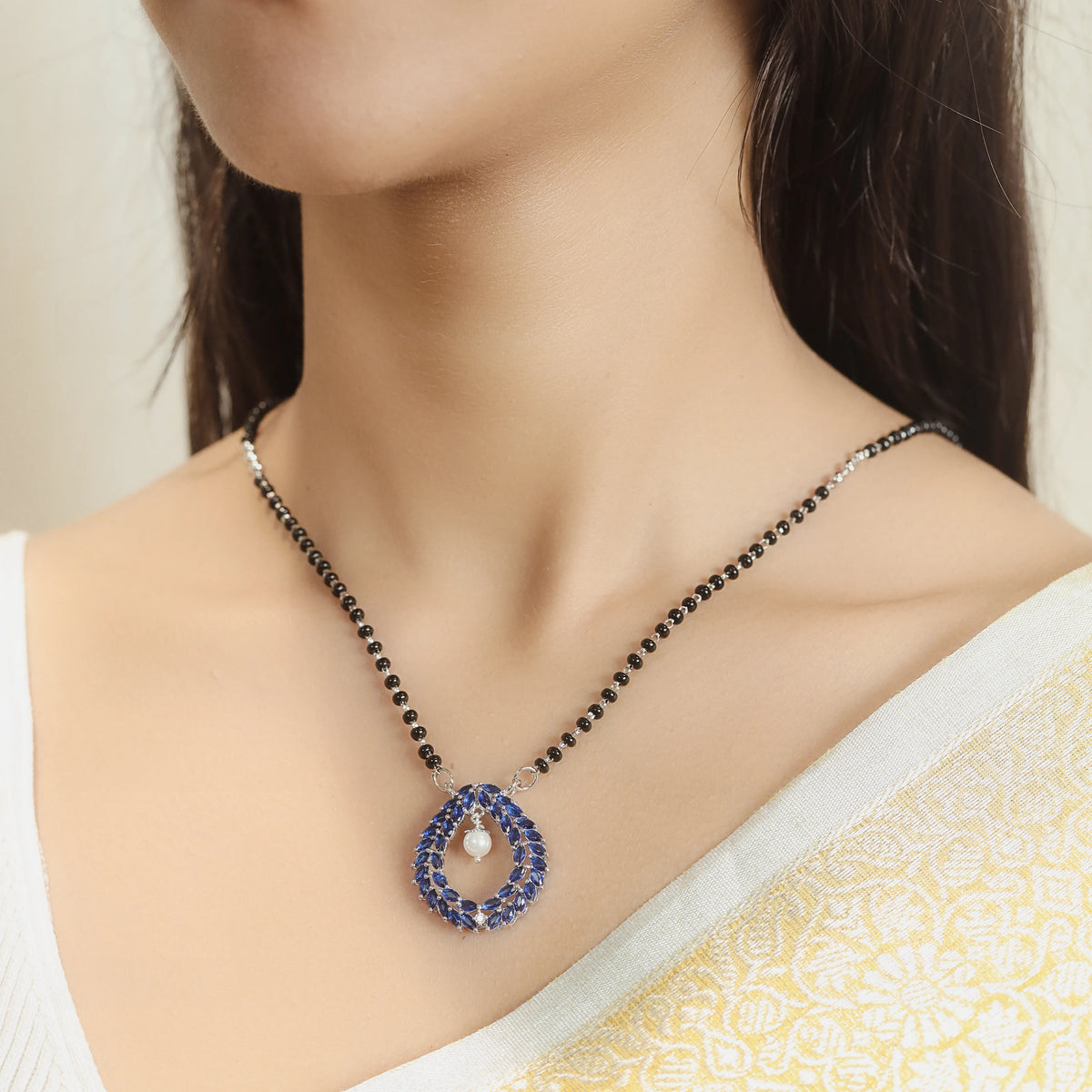 925 Silver Sapphire Pearl Vine Mangalsutra - 925 sterling silver mangalsutra by Tassya Silver