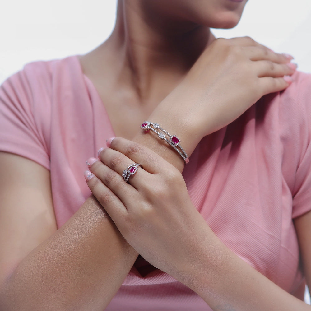 925 Silver Ruby Scarlet Star Bracelet Ring Set - 925 sterling silver bracelet by Tassya Silver