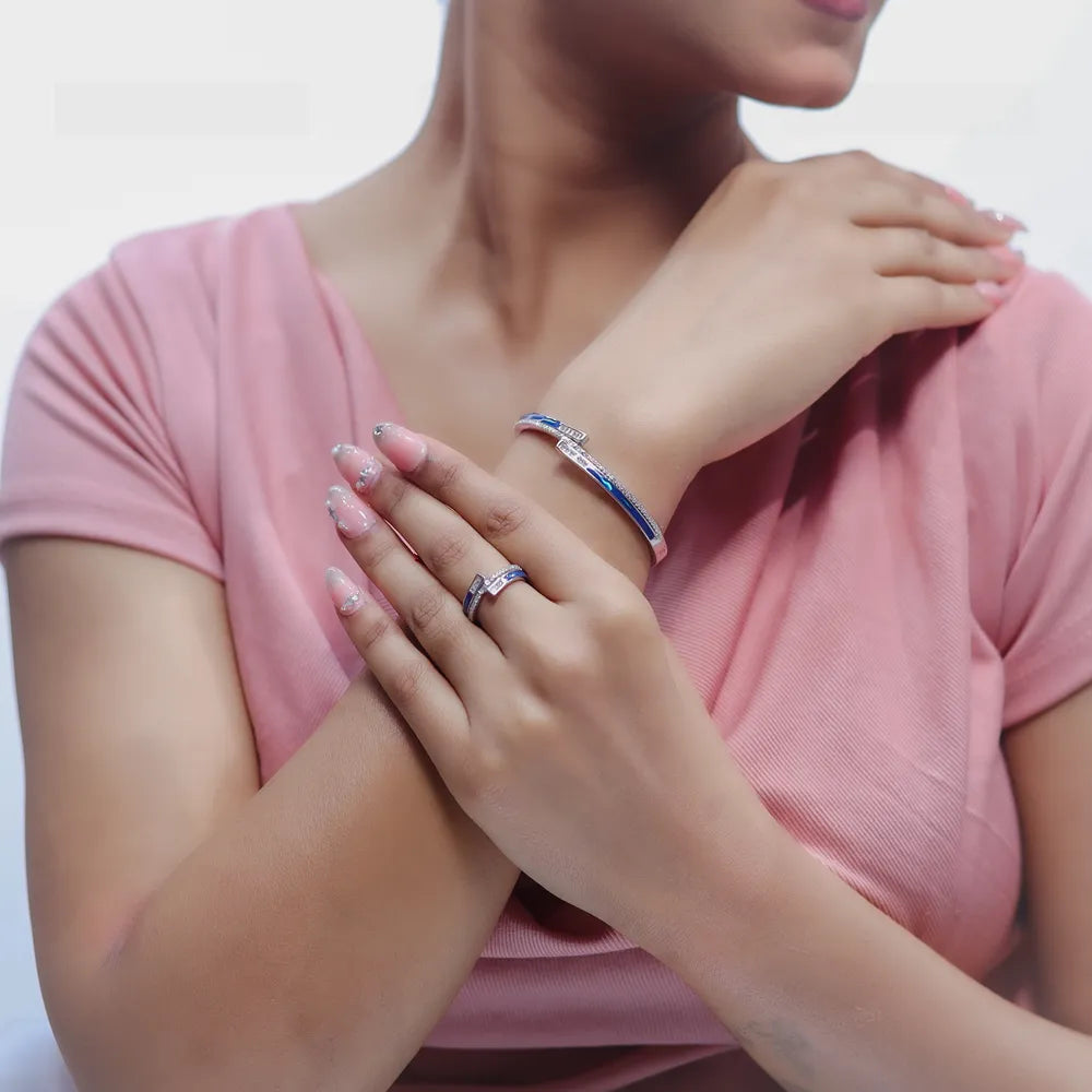 925 Silver Ocean Gleam Kada Ring Set - 925 sterling silver bracelet by Tassya Silver