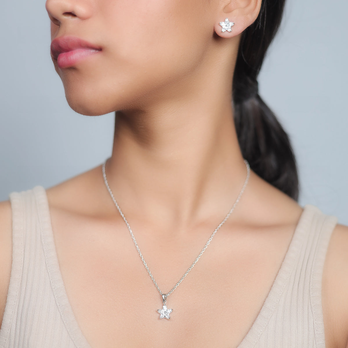 925 Silver Petal Star Chain Pendant Studs - 925 sterling silver earrings by Tassya Silver