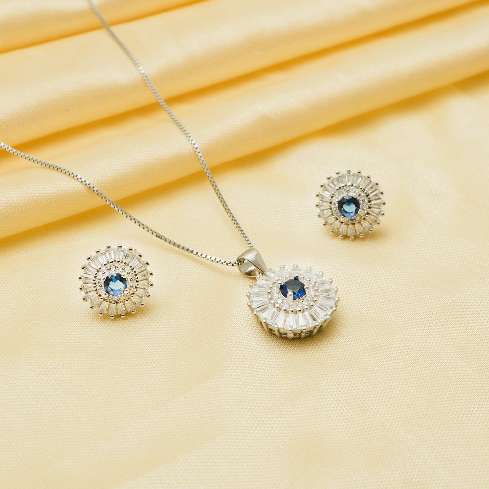 925 Silver Blue Sunburst Chain Pendant - 925 sterling silver pendant by Tassya Silver
