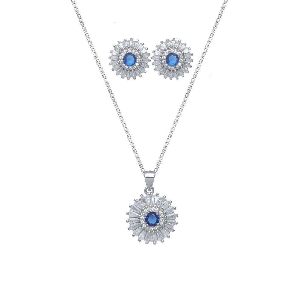 925 Silver Blue Sunburst Chain Pendant - 925 sterling silver pendant by Tassya Silver