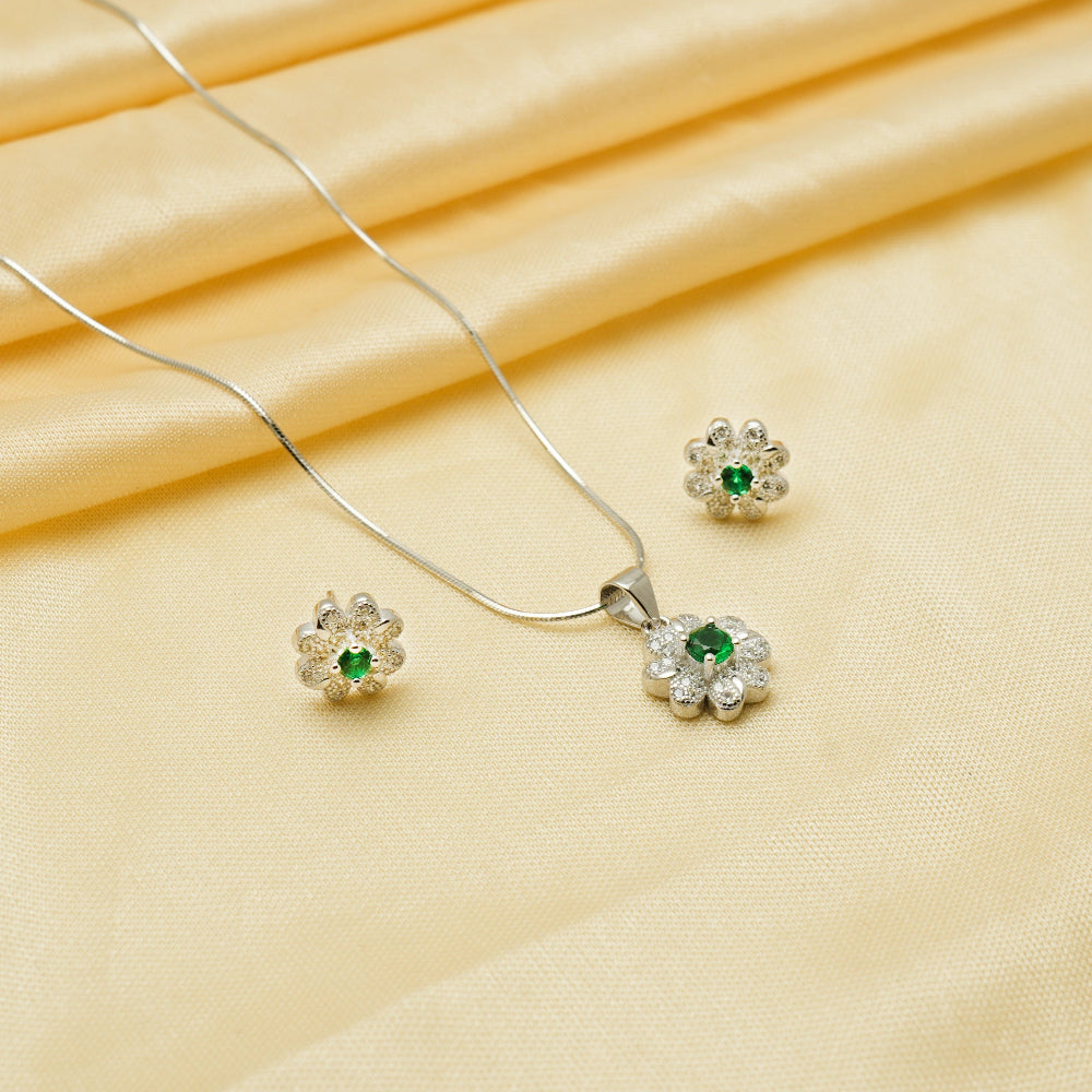 925 Silver Green Blossom Chain Pendant - 925 sterling silver pendant by Tassya Silver