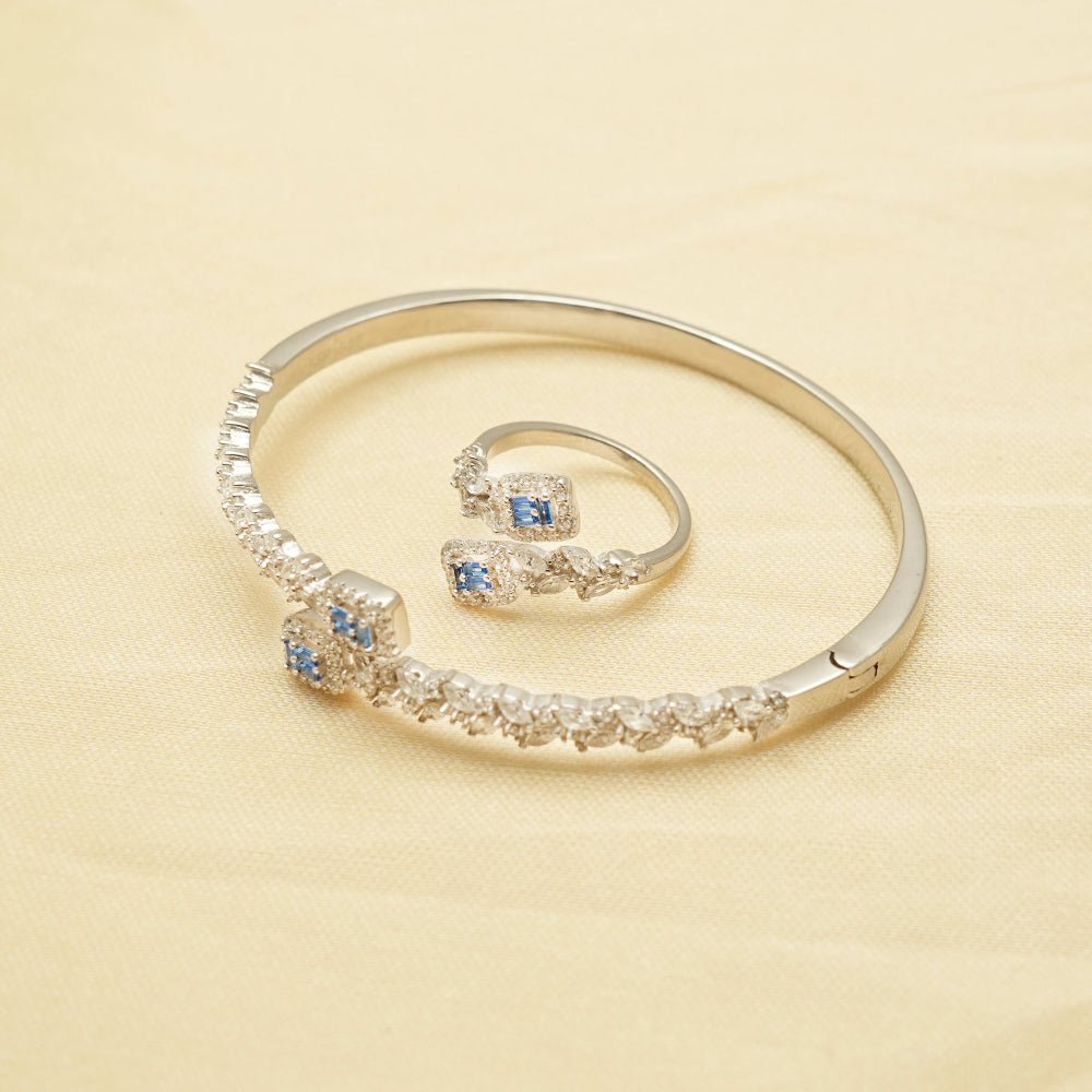925 Silver Sapphire Bloom Kada & Ring Set - 925 sterling silver bracelet by Tassya Silver