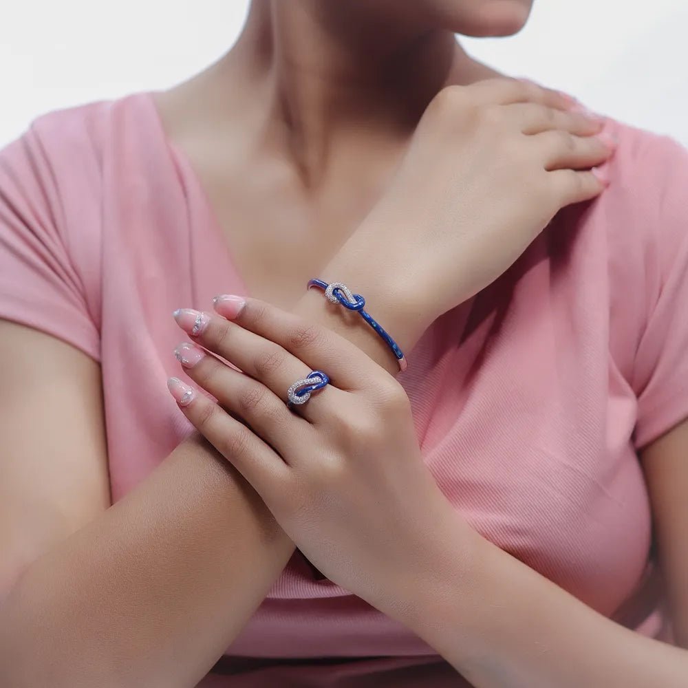 925 Silver Blue Infinity Kada & Ring Set - 925 sterling silver bracelet by Tassya Silver