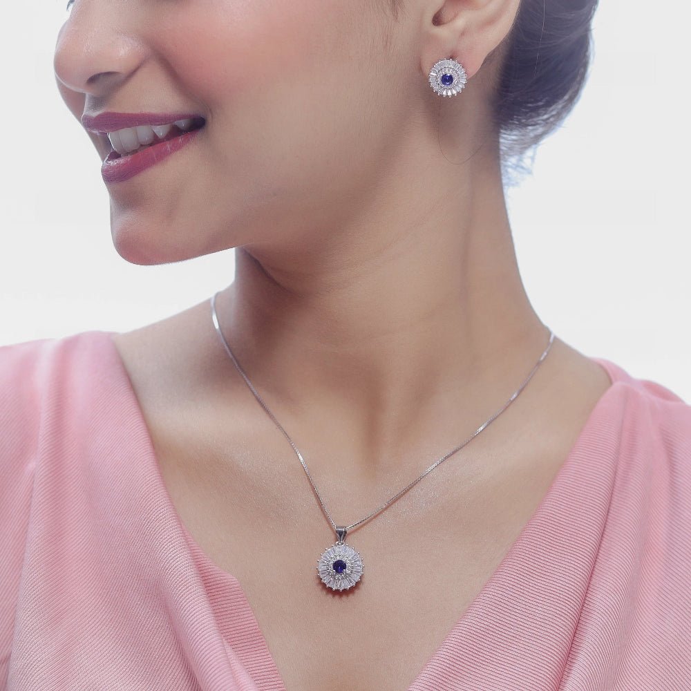 925 Silver Blue Sunburst Chain Pendant - 925 sterling silver pendant by Tassya Silver
