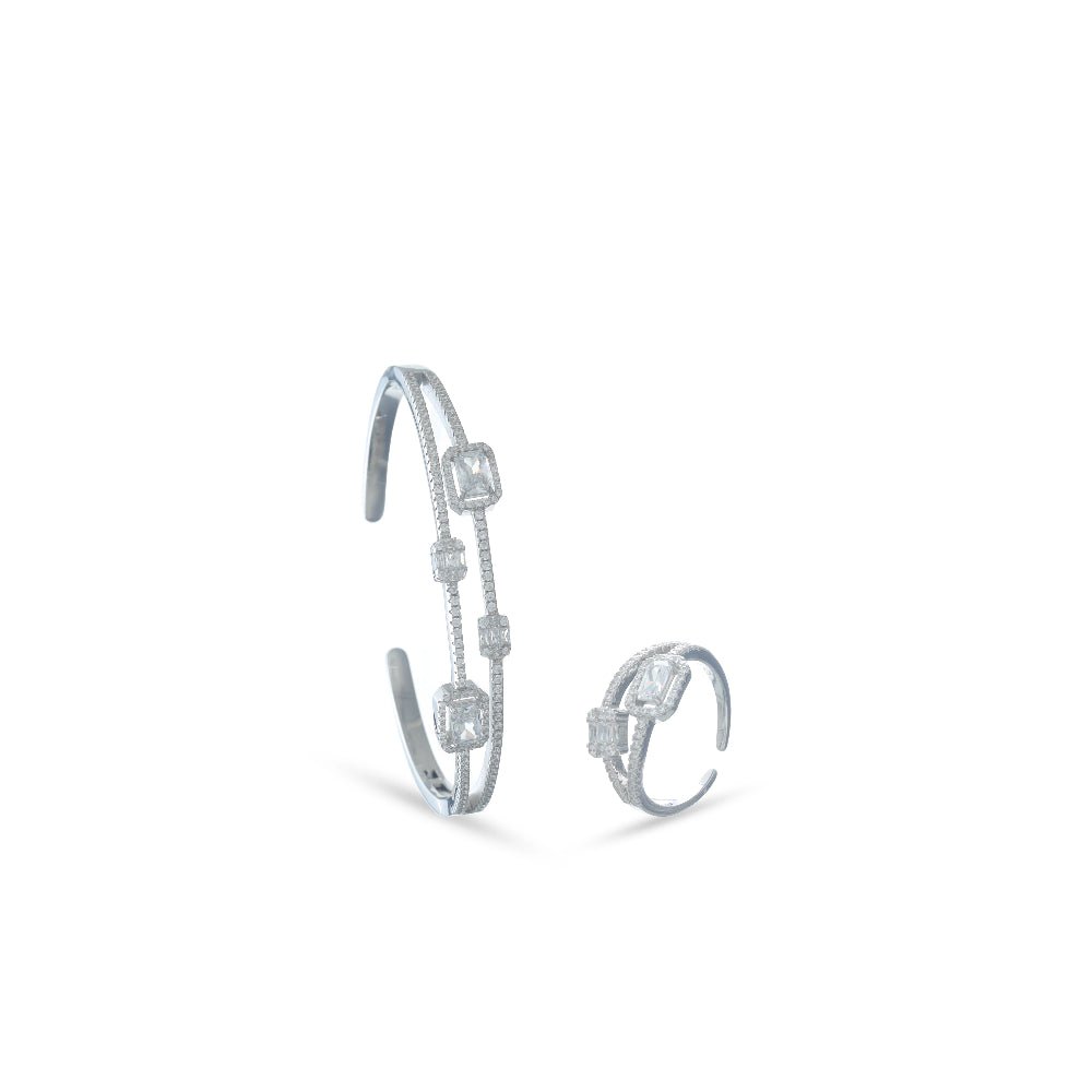 925 Silver Crystal Square Kada & Ring Set - 925 sterling silver bracelet by Tassya Silver