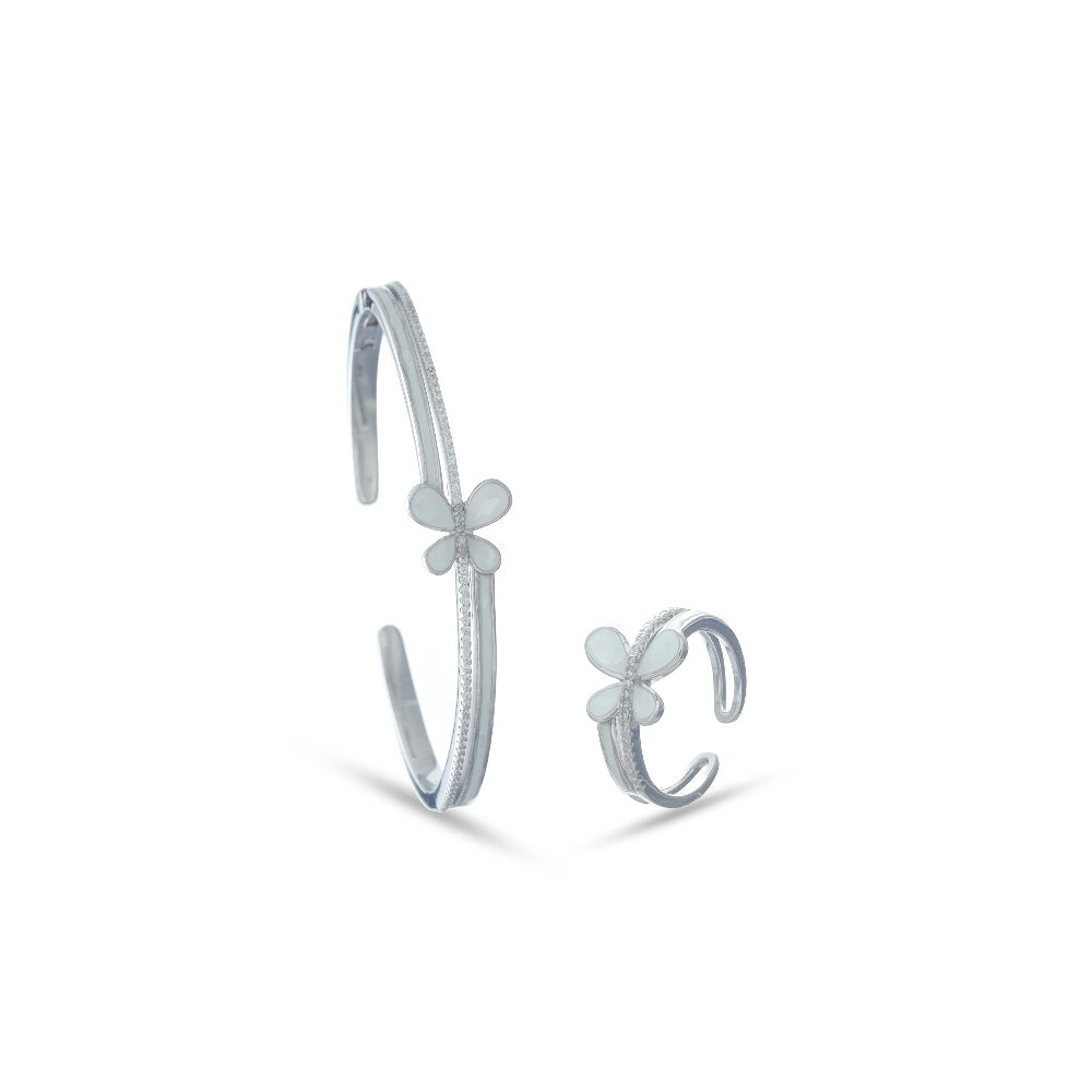 925 Silver Daisy Shine Kada & Ring Set - 925 sterling silver bracelet by Tassya Silver