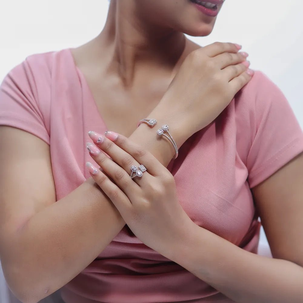 925 Silver Diamond Luxe Kada Ring Set - 925 sterling silver bracelet by Tassya Silver