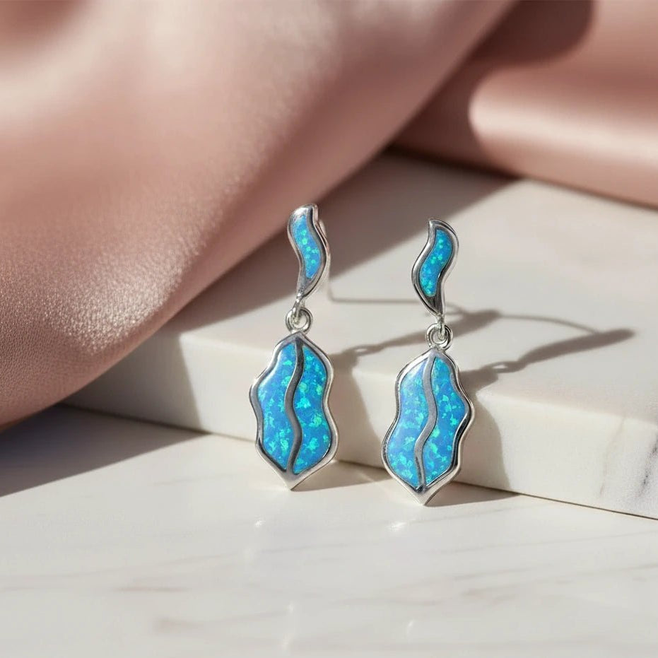 925 Silver Elegant Blue Opal Drop Earrings - 925 sterling silver earrings by Tassya Silver