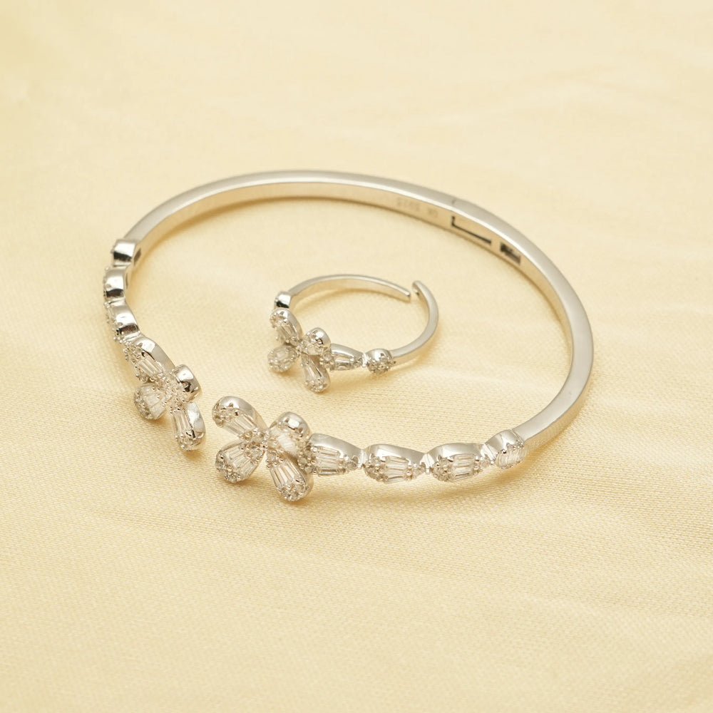 925 Silver Petal Glow Kada & Ring Set - 925 sterling silver bracelet by Tassya Silver