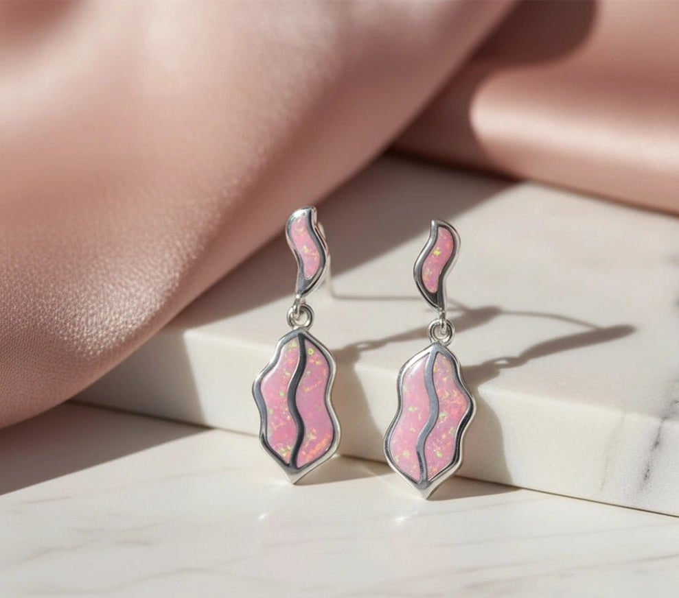 925 Silver Pink Opal Drop Earrings - 925 sterling silver earrings by Tassya Silver