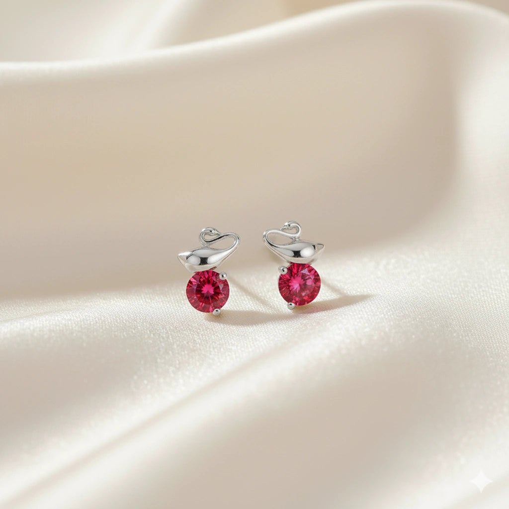 925 Silver Swan with Red Ruby Earrings for Baby - 925 sterling silver earrings by Tassya Silver
