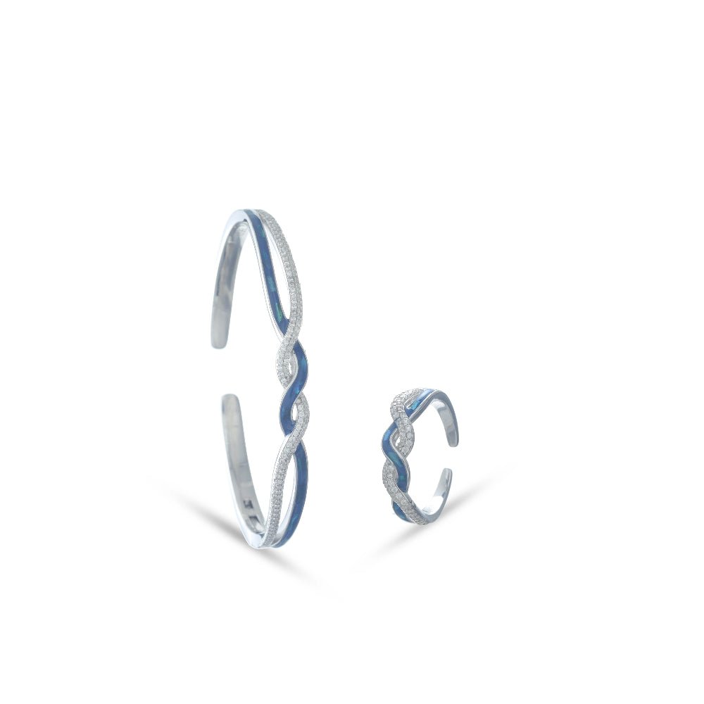 925 Silver Wave Knot Kada & Ring Set - 925 sterling silver bracelet by Tassya Silver