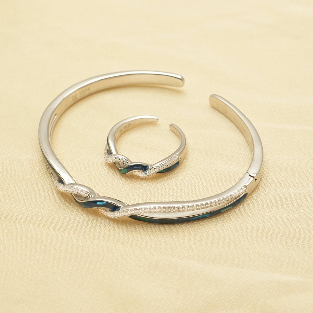 925 Silver Wave Knot Kada & Ring Set - 925 sterling silver bracelet by Tassya Silver