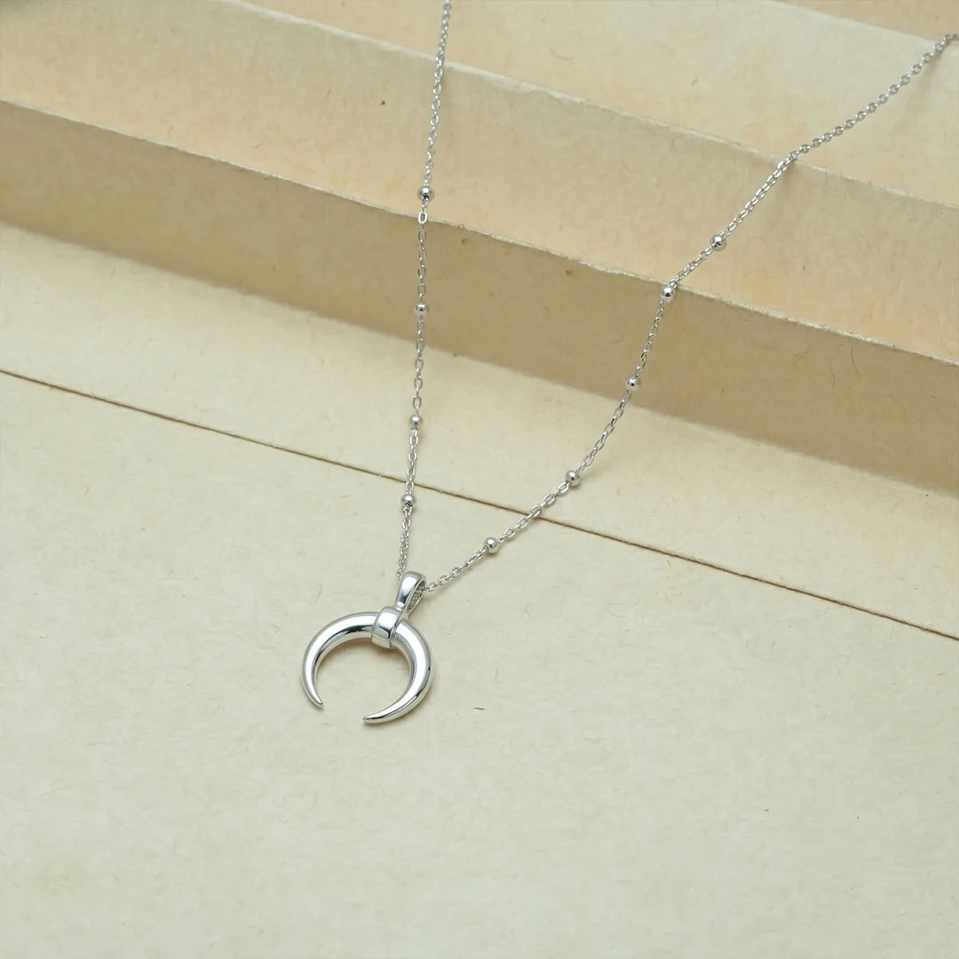 925 Silver Crescent Moon & Bead Chain Pendant - 925 sterling silver pendant by Tassya Silver