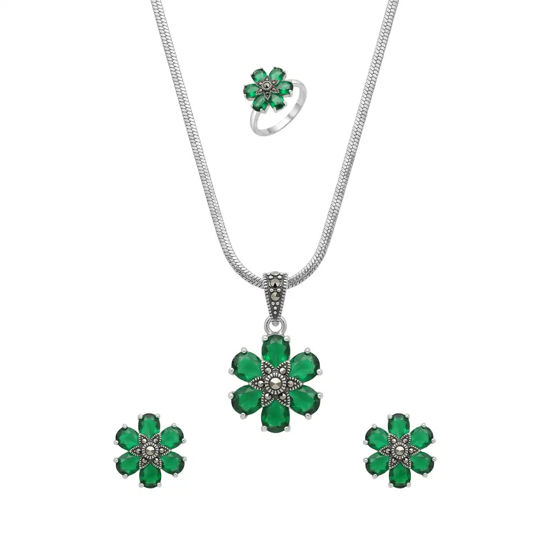 925 Silver Emerald Bloom Elegance Set - 925 sterling silver jewellery set by Tassya Silver