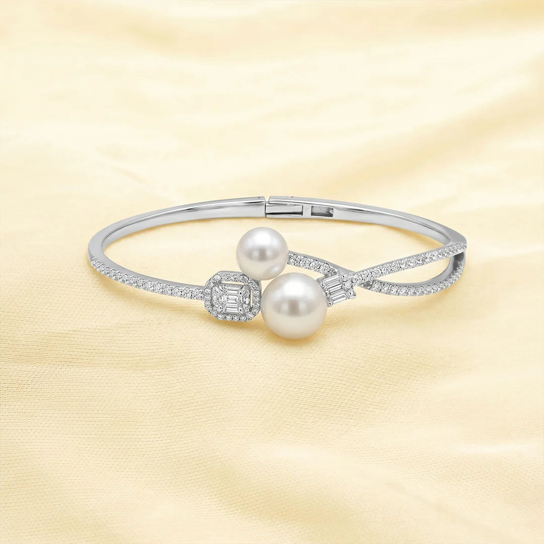 925 Silver Pearl Diamond Embrace Kada - 925 sterling silver bracelet by Tassya Silver
