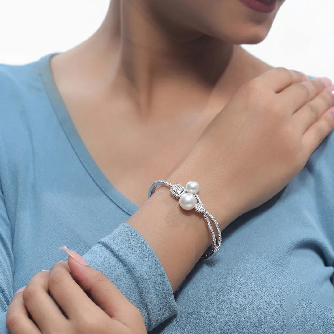 925 Silver Pearl Diamond Embrace Kada - 925 sterling silver bracelet by Tassya Silver