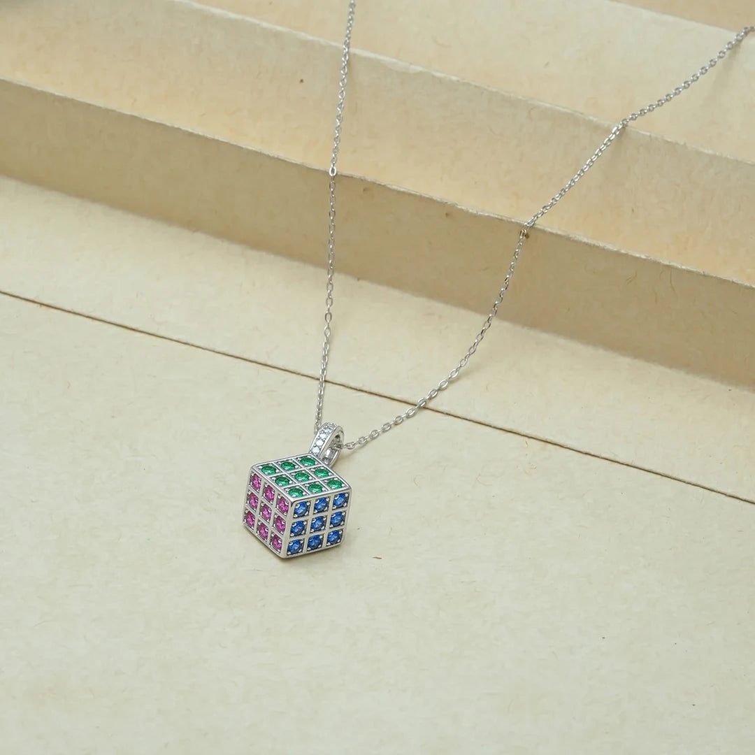 925 Silver Prism Cube Chain Pendant - 925 sterling silver pendant by Tassya Silver