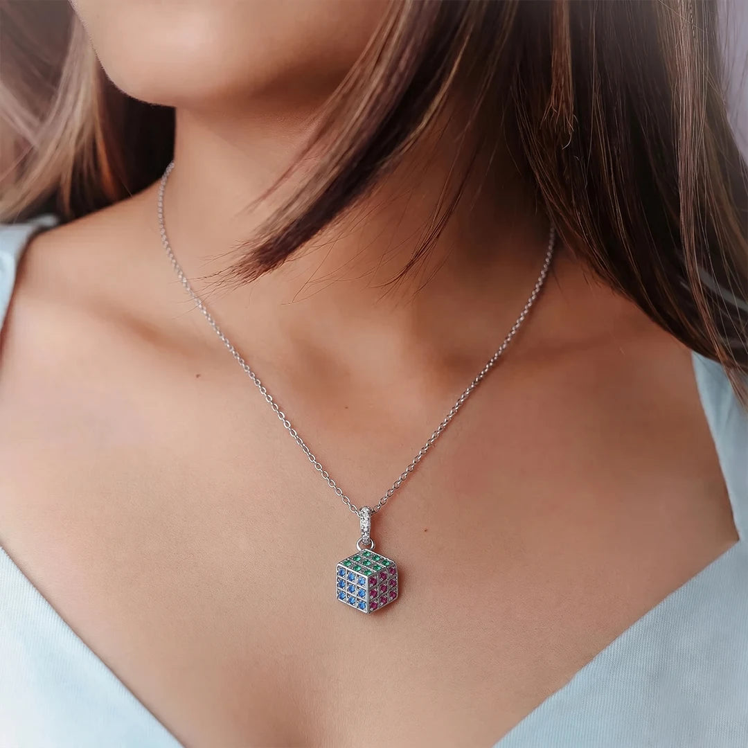 925 Silver Prism Cube Chain Pendant - 925 sterling silver pendant by Tassya Silver