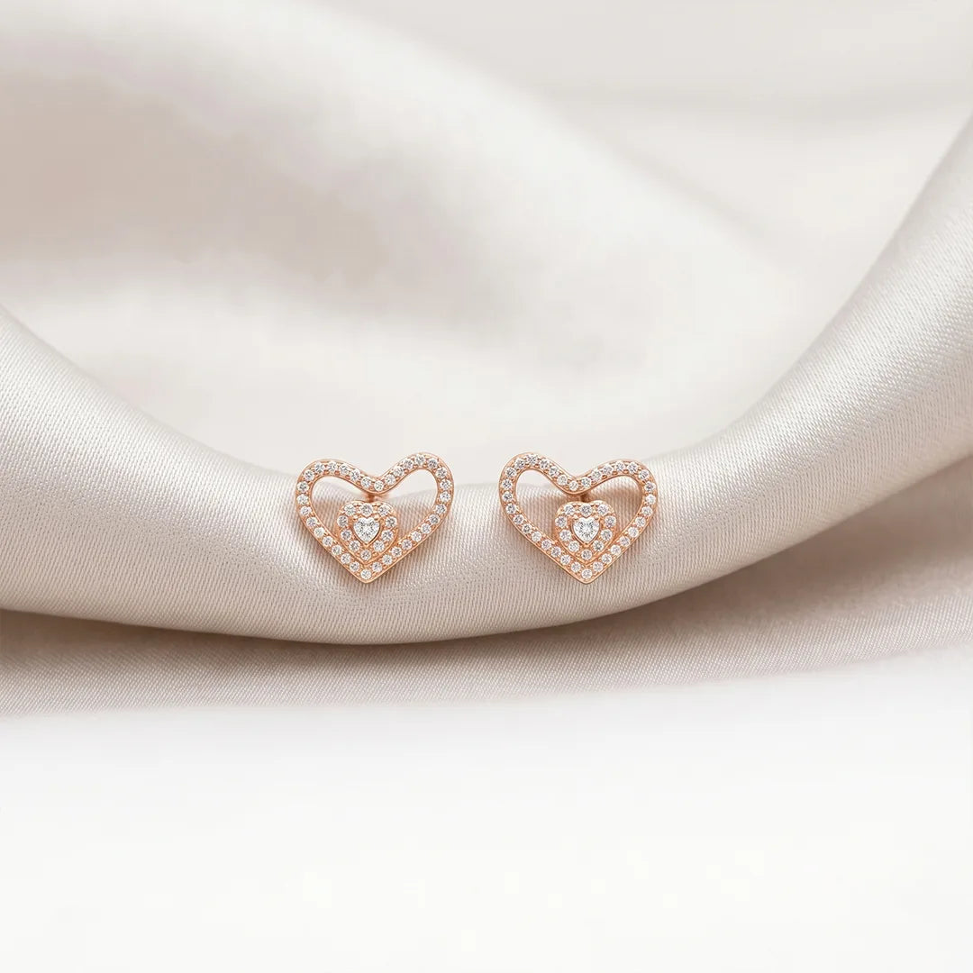 925 Silver Rose Gold Nested Heart Sparkle Studs - 925 sterling silver earrings by Tassya Silver