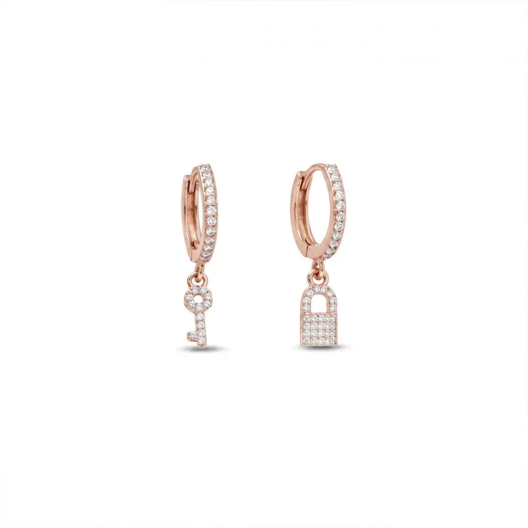 925 Silver Rose Lock & Key Hoops - 925 sterling silver earrings by Tassya Silver