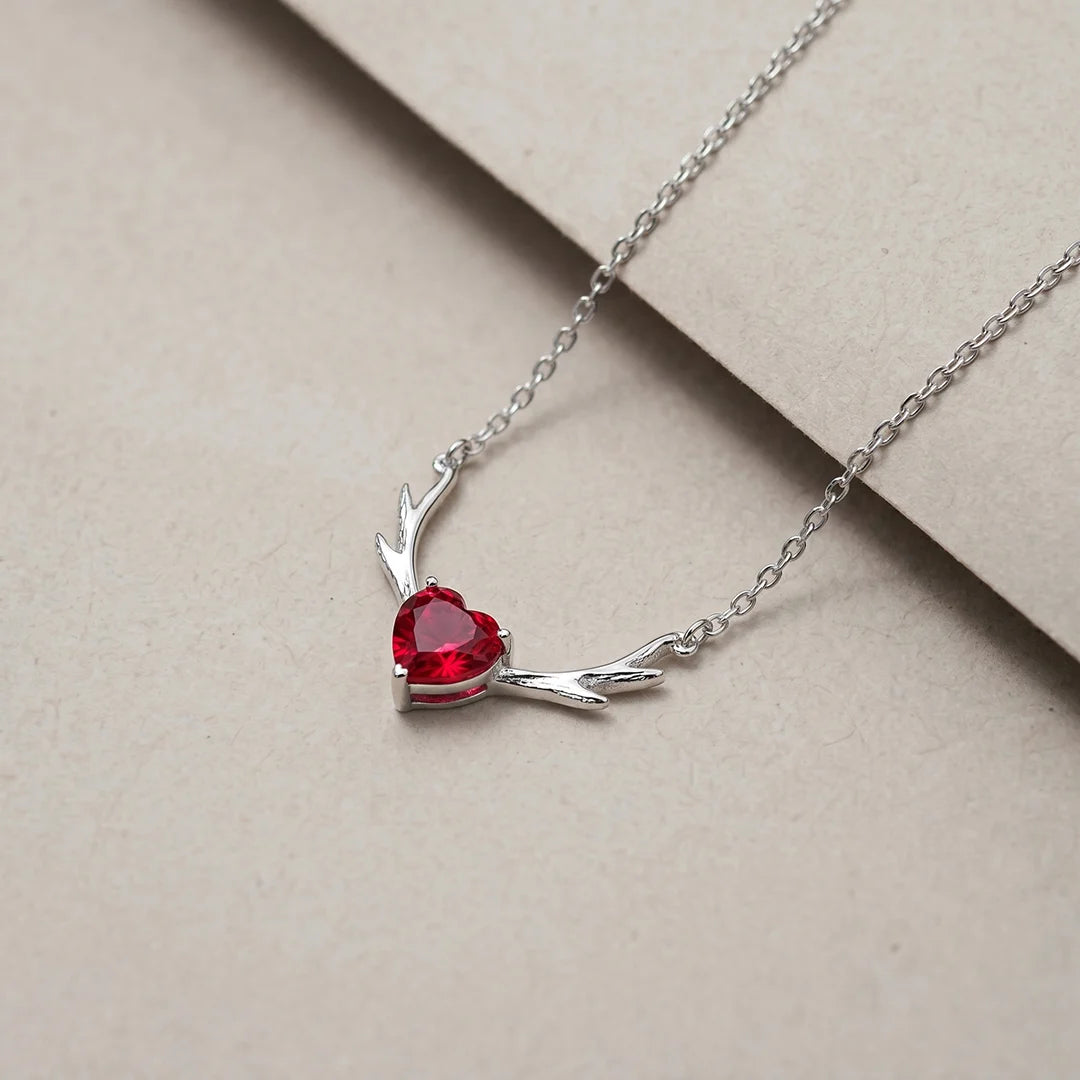 925 Silver Ruby Antler Heart Chain Pendant - 925 sterling silver pendant by Tassya Silver