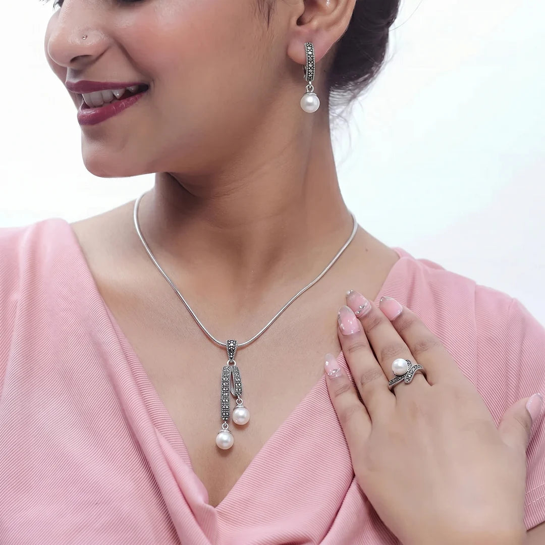 925 Silver Serpentina Noir Elegance Set - 925 sterling silver jewellery set by Tassya Silver