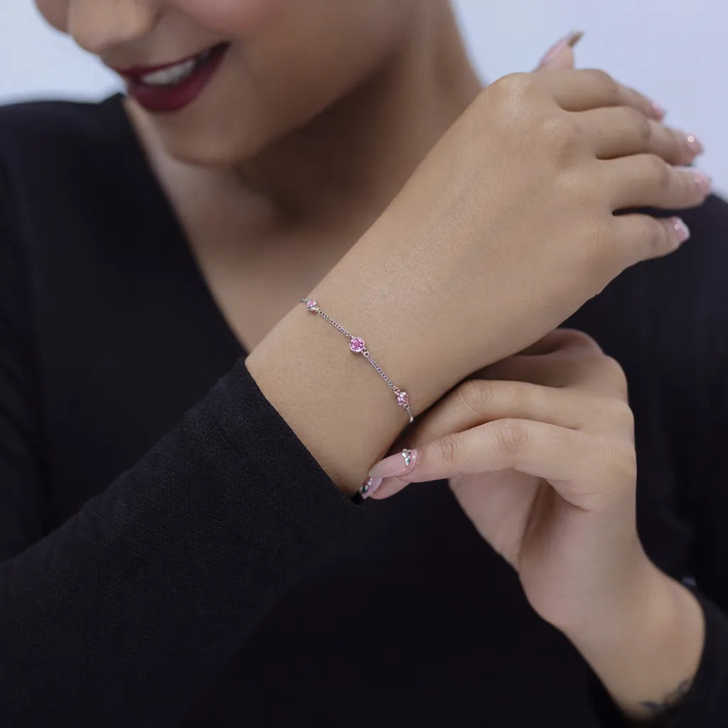 925 Silver Pink Solitaire Bracelet - 925 sterling silver bracelet by Tassya Silver