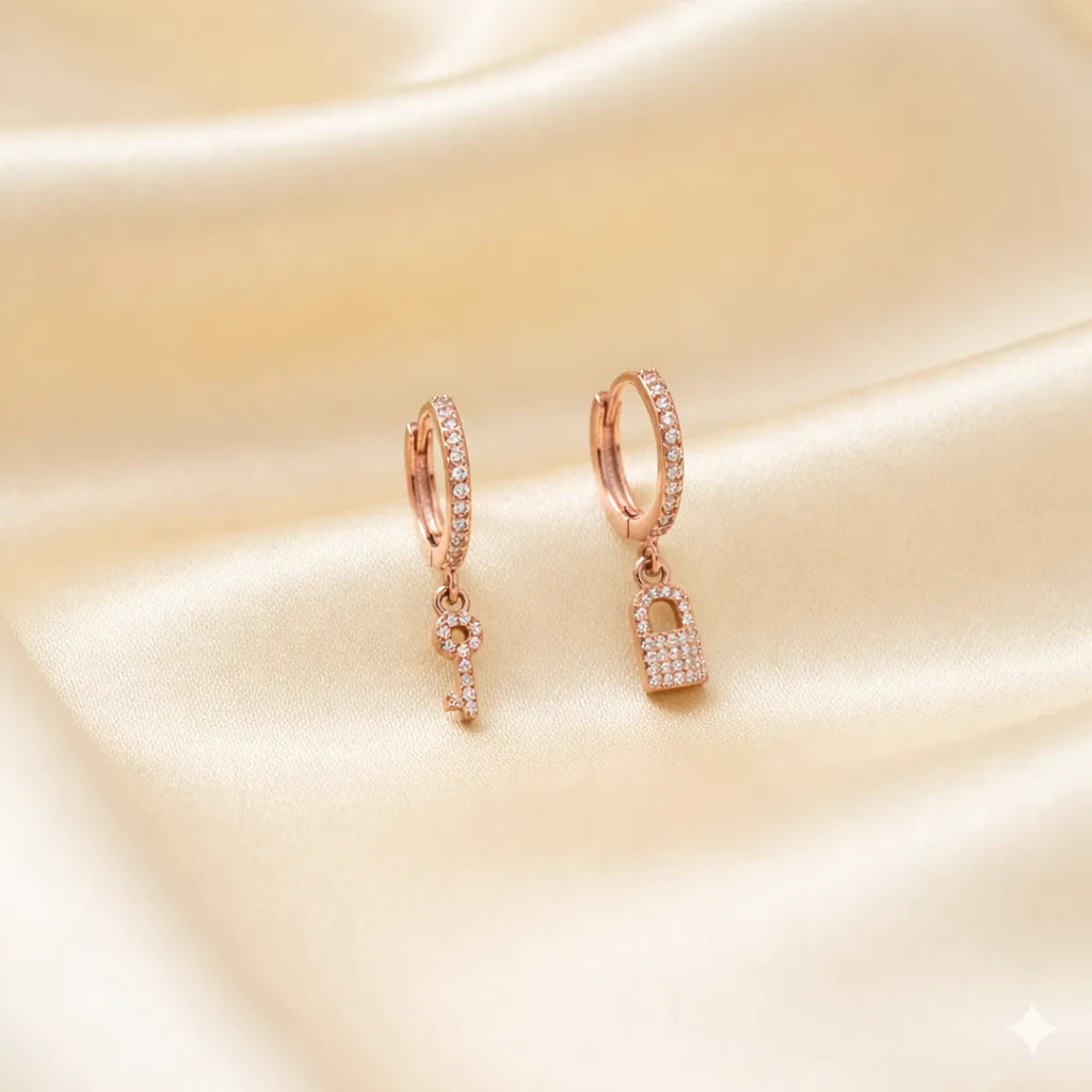 925 Silver Rose Lock & Key Hoops - 925 sterling silver earrings by Tassya Silver