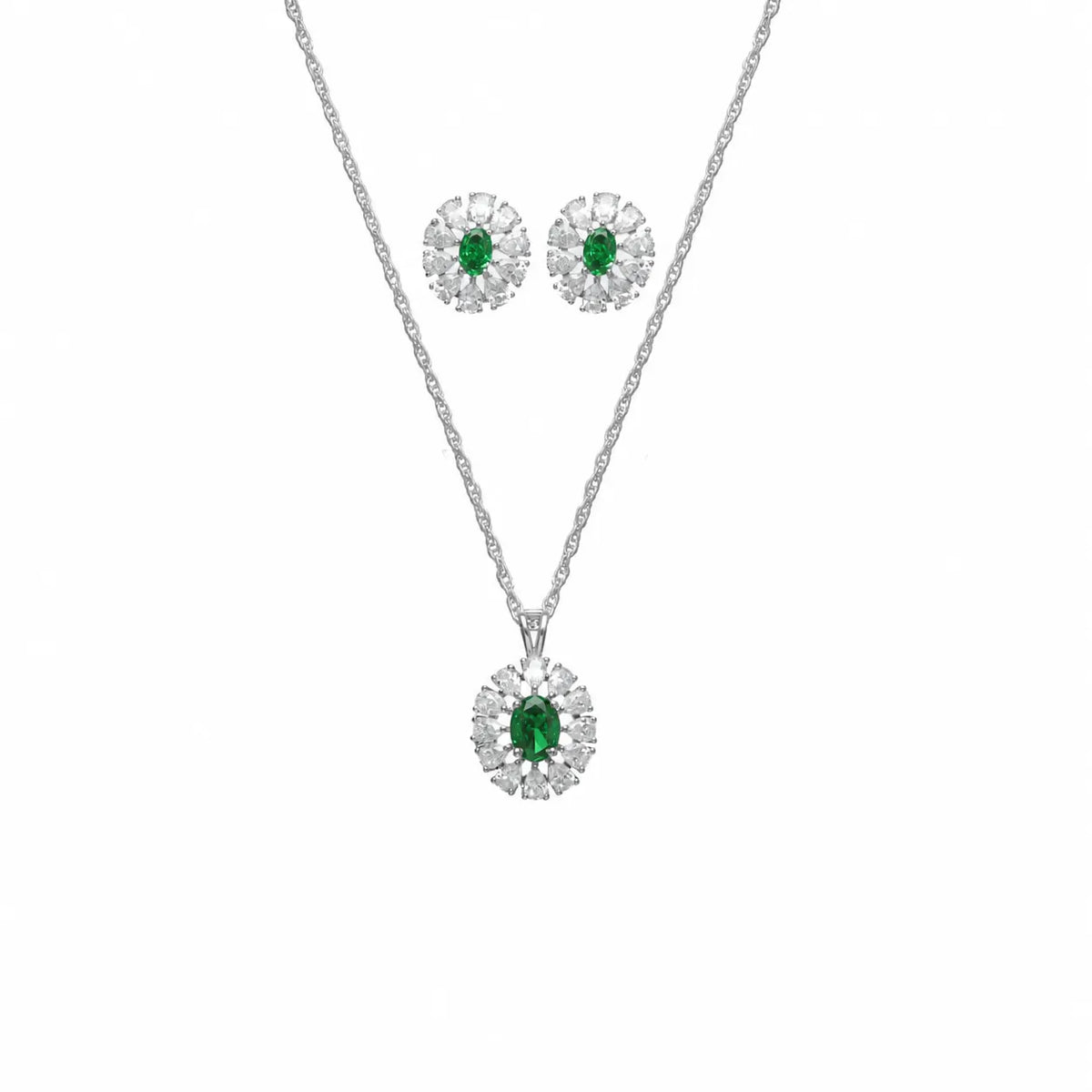 925 Silver Emerald Bloom Halo Set