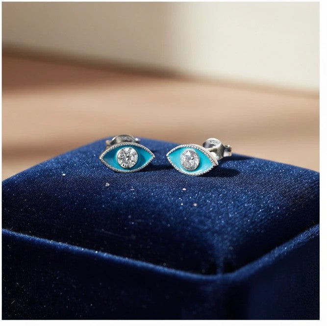 925 Silver Blue Stone Eye Earrings - 925 sterling silver earrings by Tassya Silver