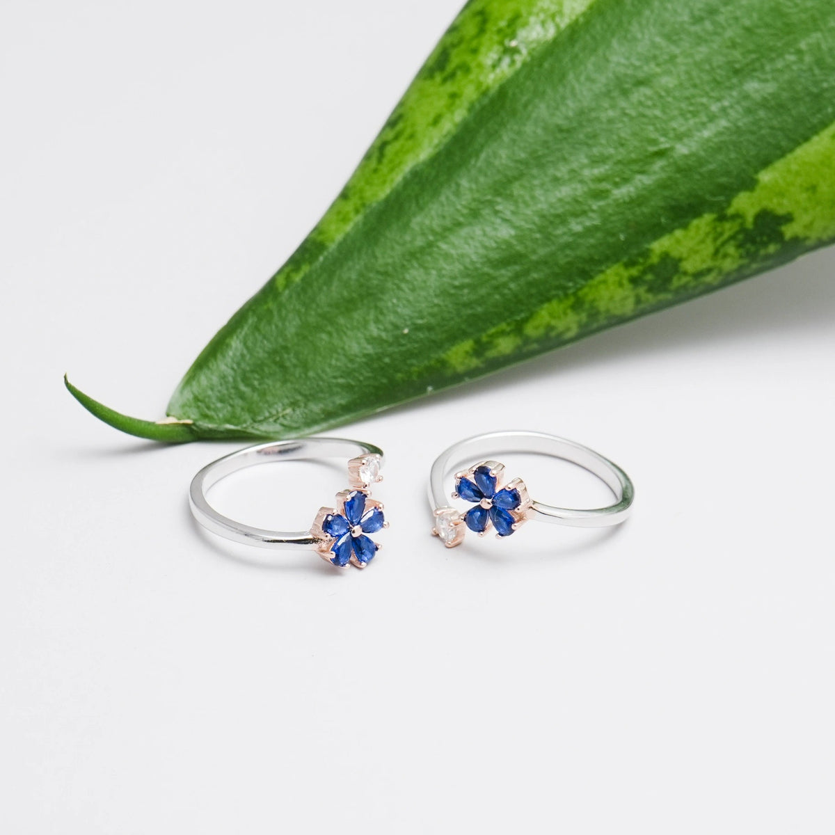 925 Silver Blue Blossom Toe Rings (Pack of 2) - 925 sterling silver ring by Tassya Silver