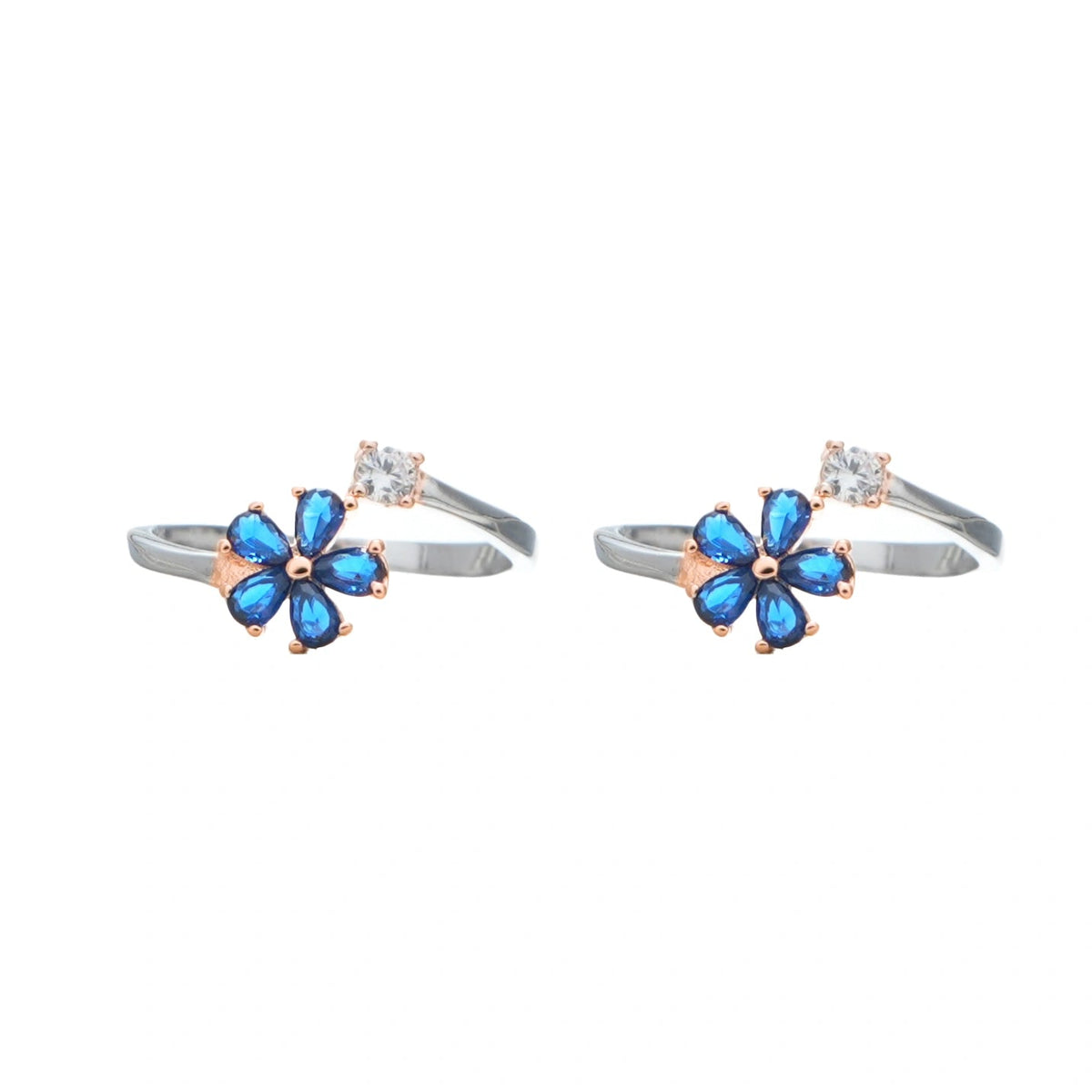 925 Silver Blue Blossom Toe Rings (Pack of 2) - 925 sterling silver ring by Tassya Silver