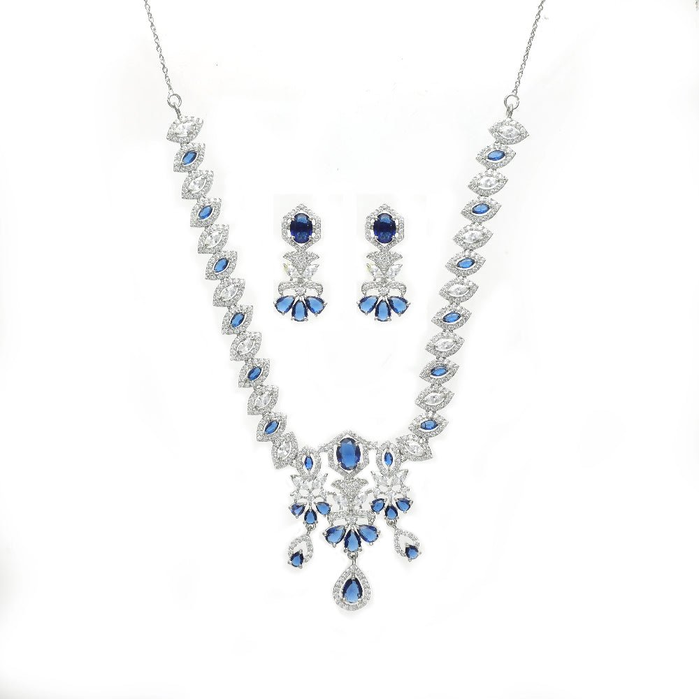 925 Silver Blue Diamond Necklace Set - 925 sterling silver necklace by Tassya Silver