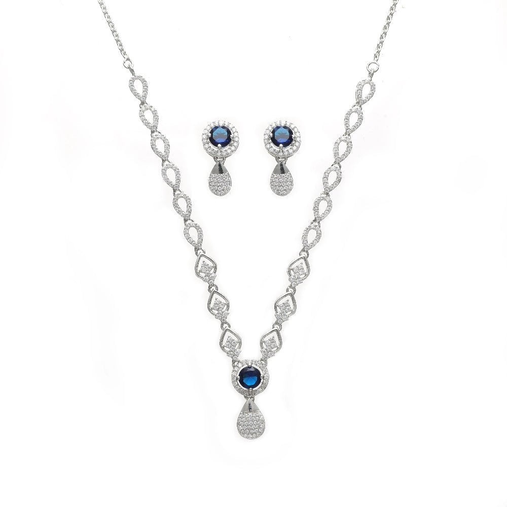 925 Silver Blue Teardrop Necklace Set - 925 sterling silver necklace by Tassya Silver