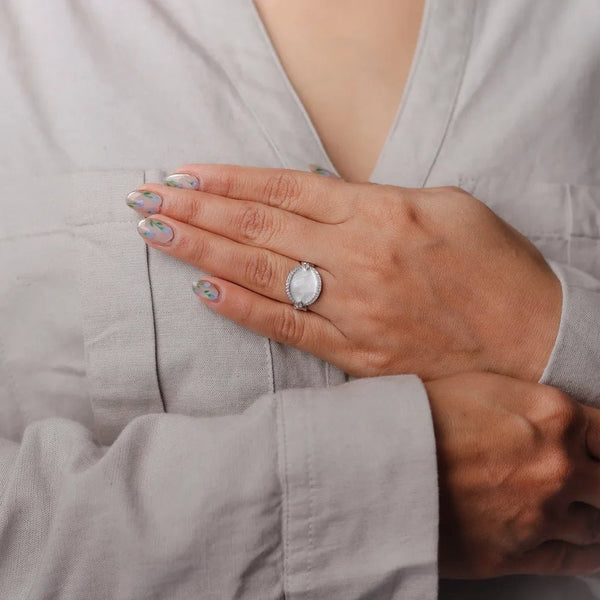 925 Silver Elegant White Half-Moon Ring