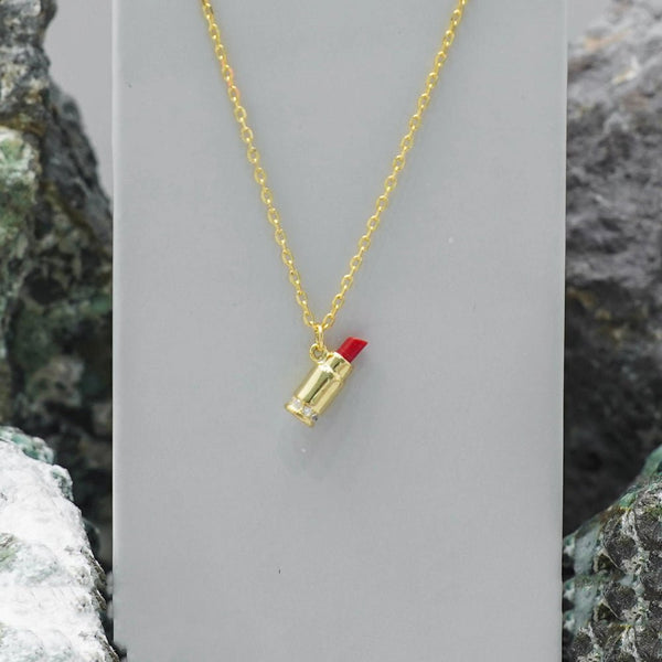 925 Silver Golden Charming Lipstick Chain Pendant