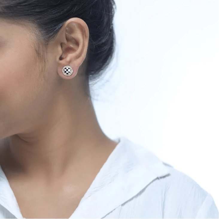 925 Silver Golden Checkered Halo Studs - 925 sterling silver earrings by Tassya Silver