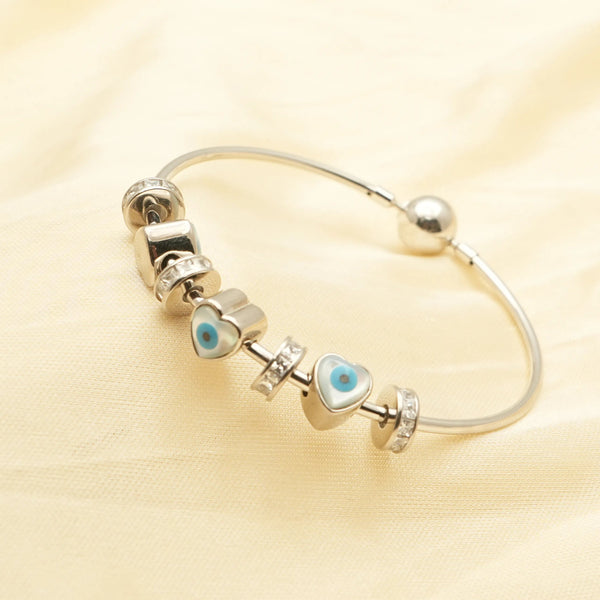 925 Silver Hearted Evil Eye Charm Kada