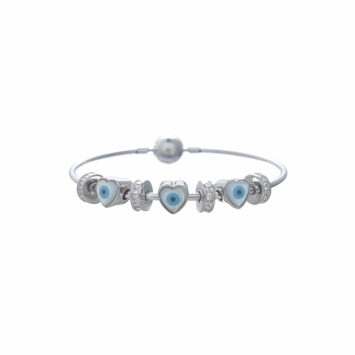925 Silver Hearted Evil Eye Charm Kada - 925 sterling silver bracelet by Tassya Silver