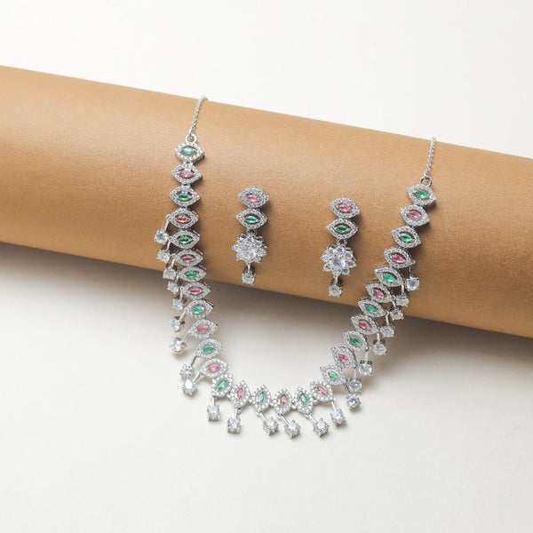 925 Silver Pink and Green Stone Necklace Set