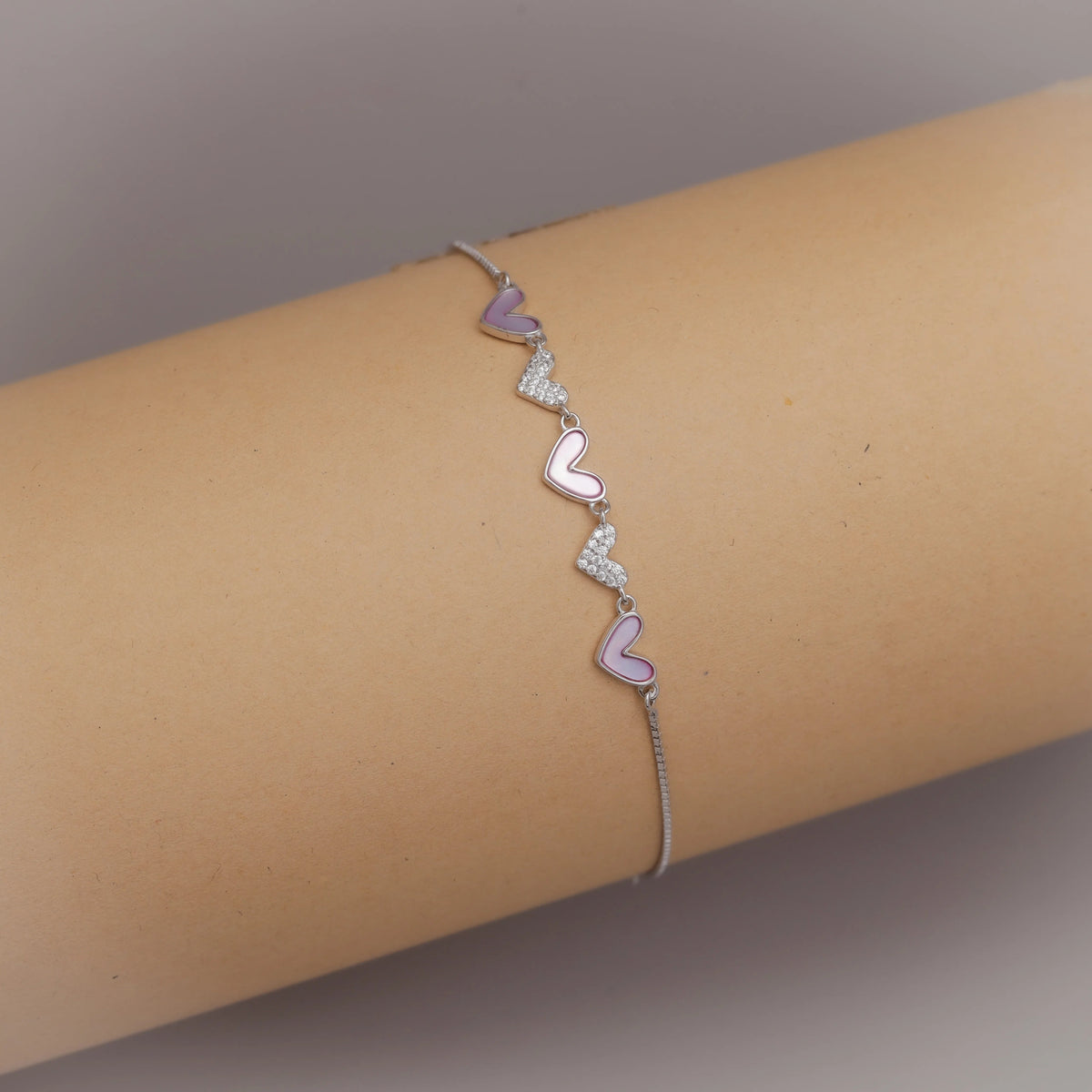 925 Silver Pink Heart Bracelet - 925 sterling silver bracelet by Tassya Silver