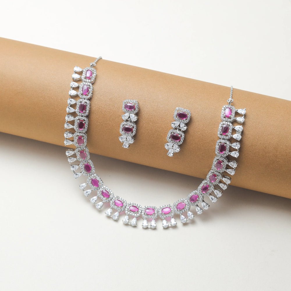 925 Silver Pink Stone Necklace Set - 925 sterling silver necklace by Tassya Silver