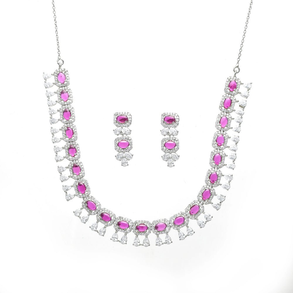 925 Silver Pink Stone Necklace Set - 925 sterling silver necklace by Tassya Silver