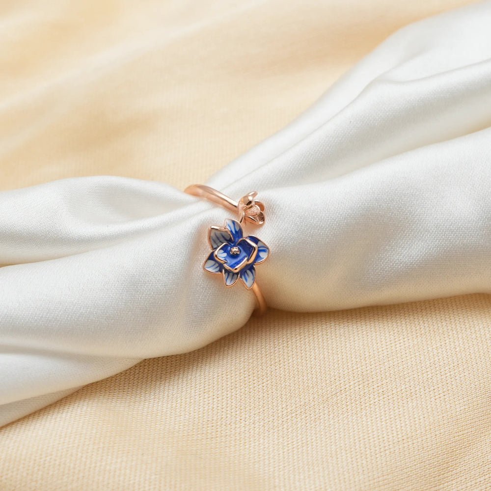 925 Rose Gold Blue Floral Ring - 925 sterling silver ring by Tassya Silver