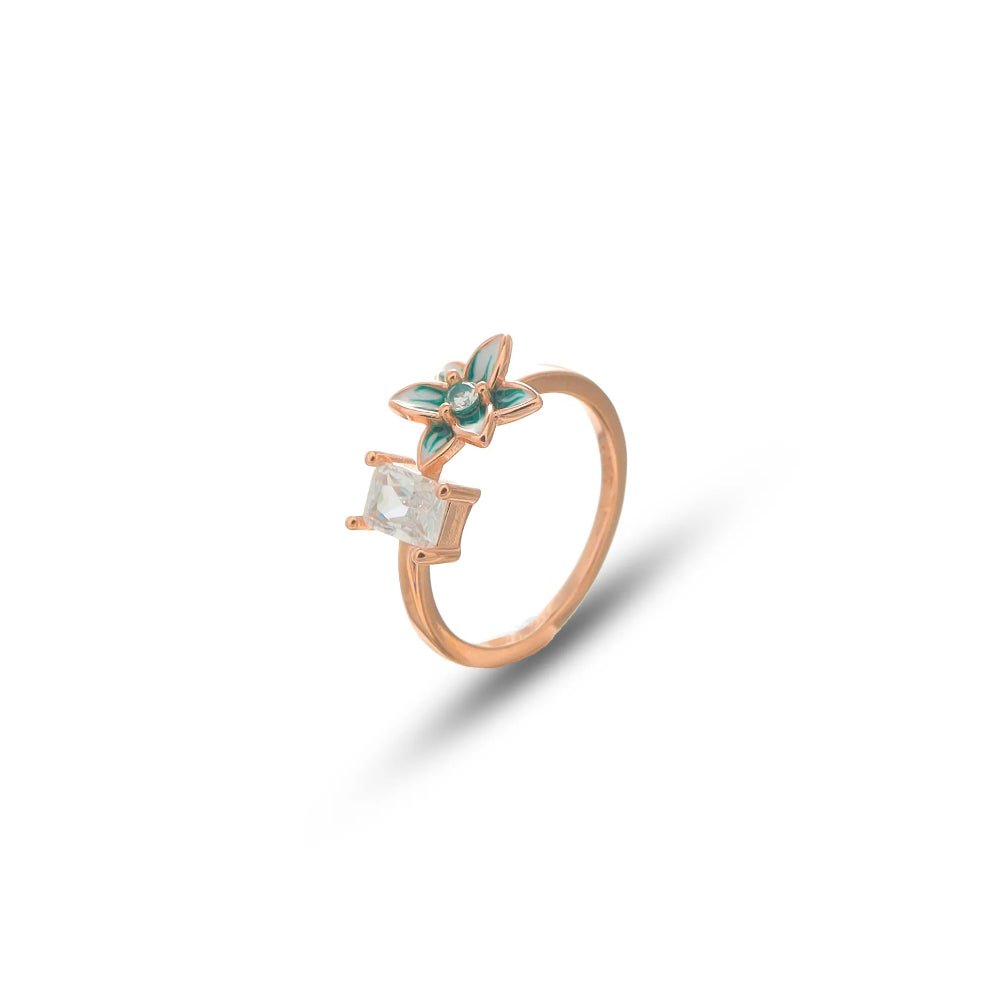 925 Rose Gold Crystal Green Petal Ring - 925 sterling silver ring by Tassya Silver